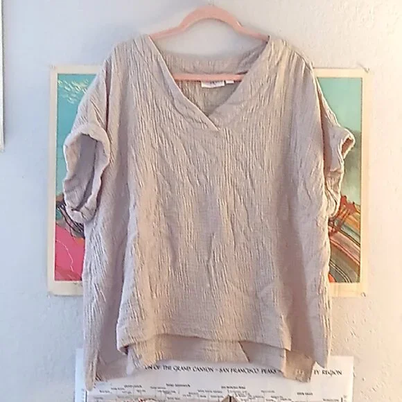 Belle Beach Kim Gravel Beige 3XL Short Sleeve Starfish Cotton Blouse - Picture 5 of 6